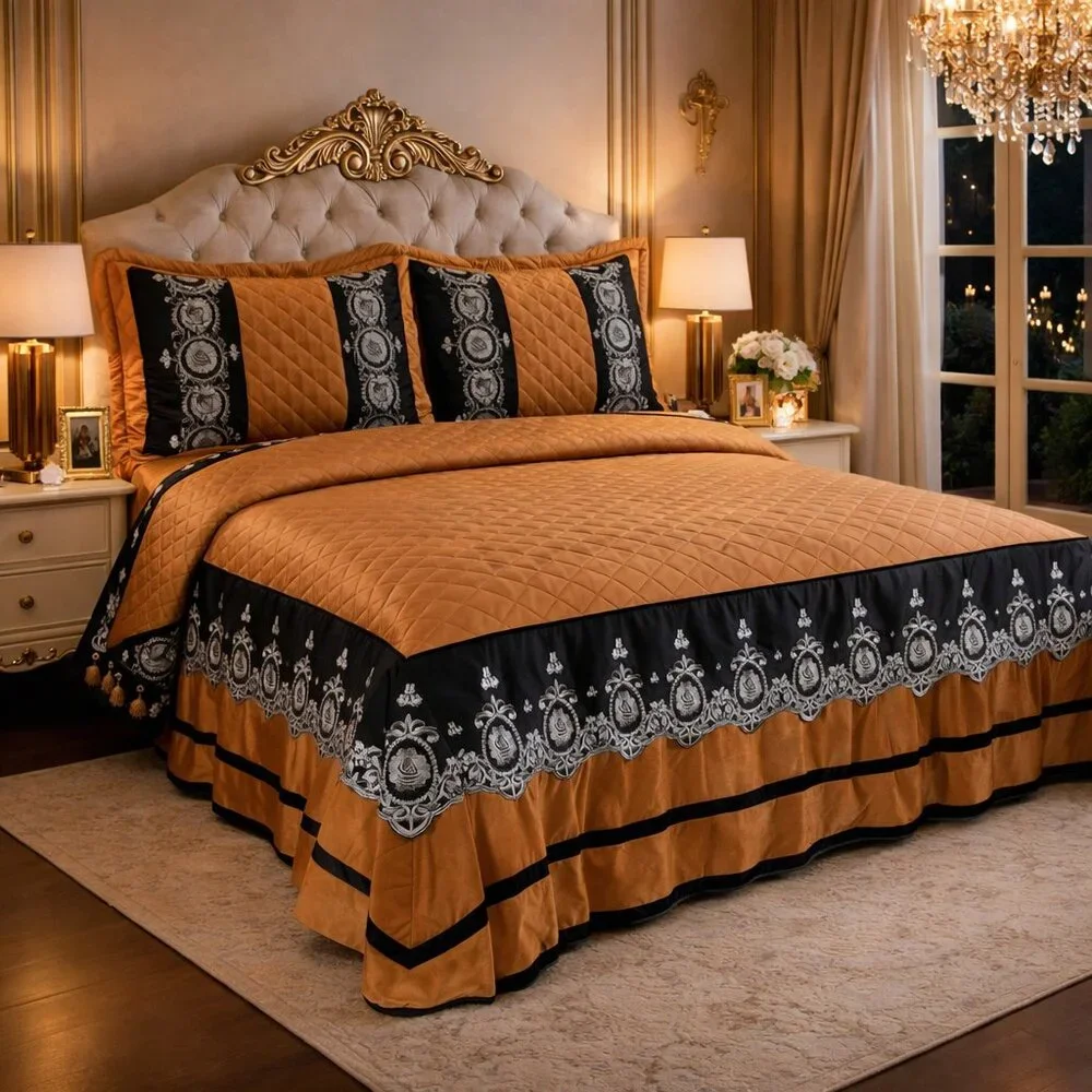 Gold Velvet Bedspread King Queen Luxury Ruffle Bedding Set Vintage